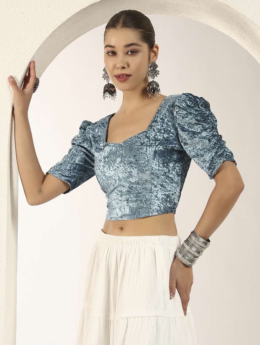 women solid puff sleeve stitched blouse - 22226839 -  Standard Image - 1