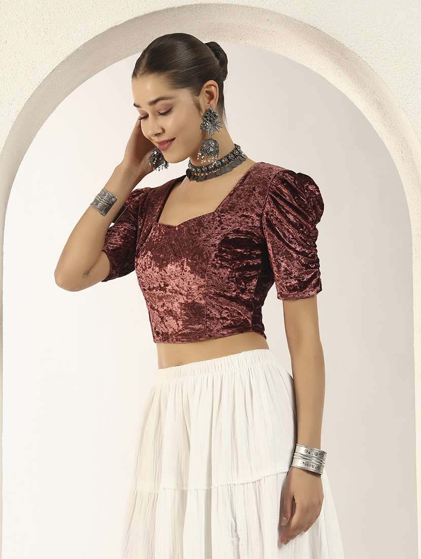 women solid puff sleeve stitched blouse - 22226840 -  Standard Image - 1