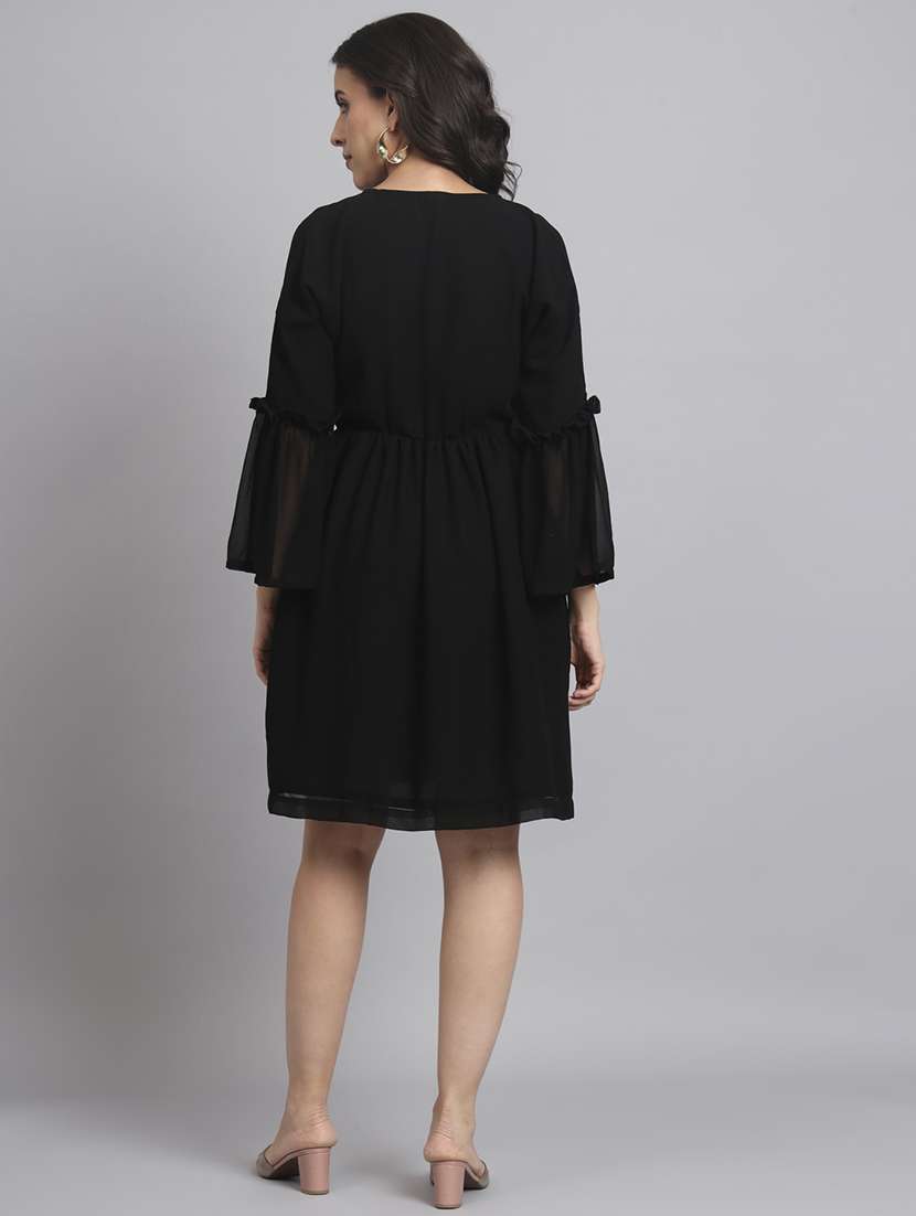 women solid bell sleeve fit & flare dress - 22226841 -  Standard Image - 4