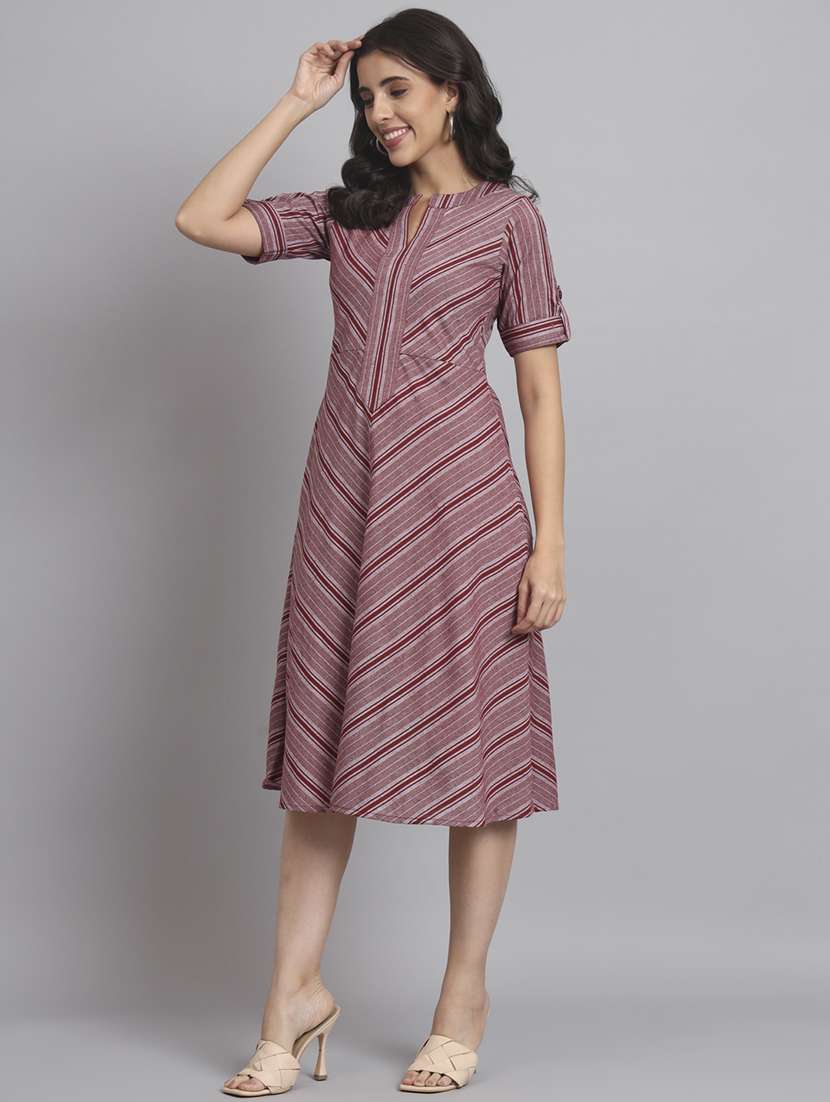 women striped roll up sleeve a-line dress - 22226842 -  Standard Image - 1