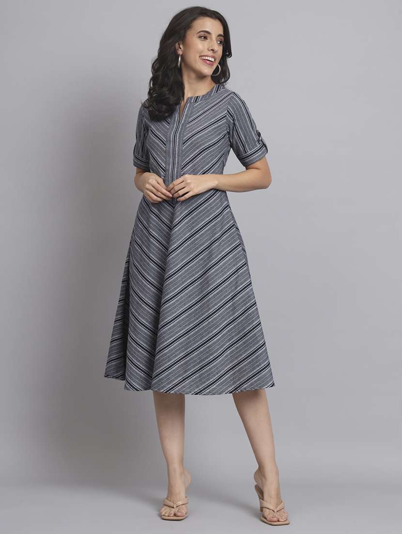 women striped roll up sleeve a-line dress