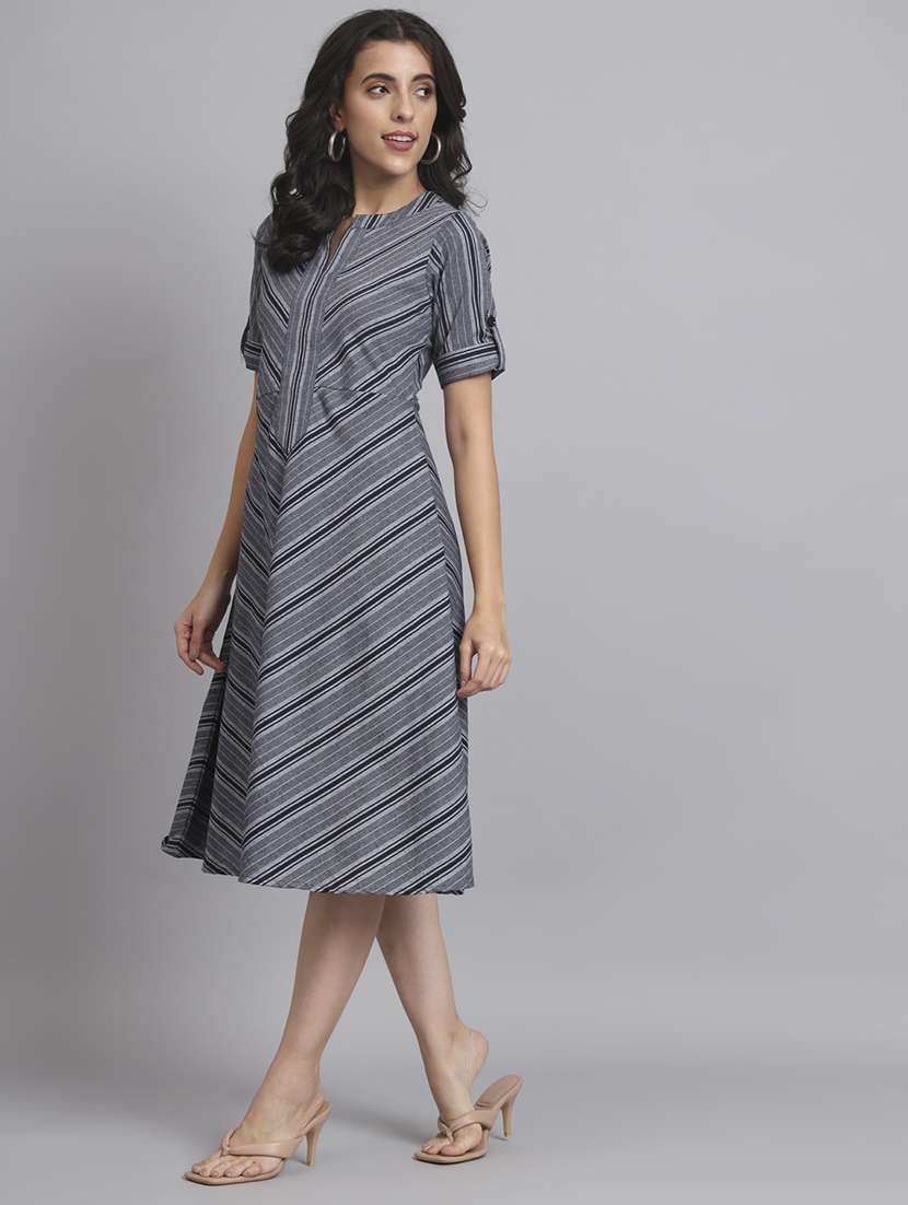 women striped roll up sleeve a-line dress - 22226843 -  Standard Image - 1