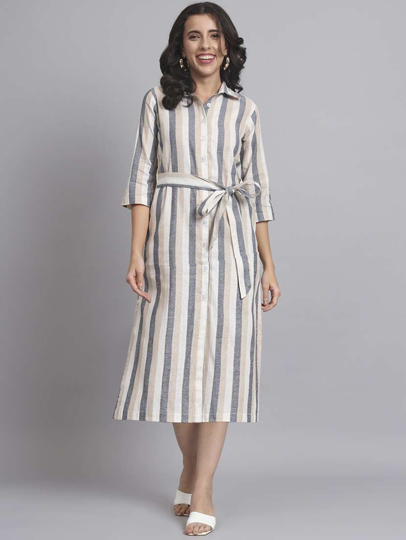women striped three quarter sleeve shirt dress