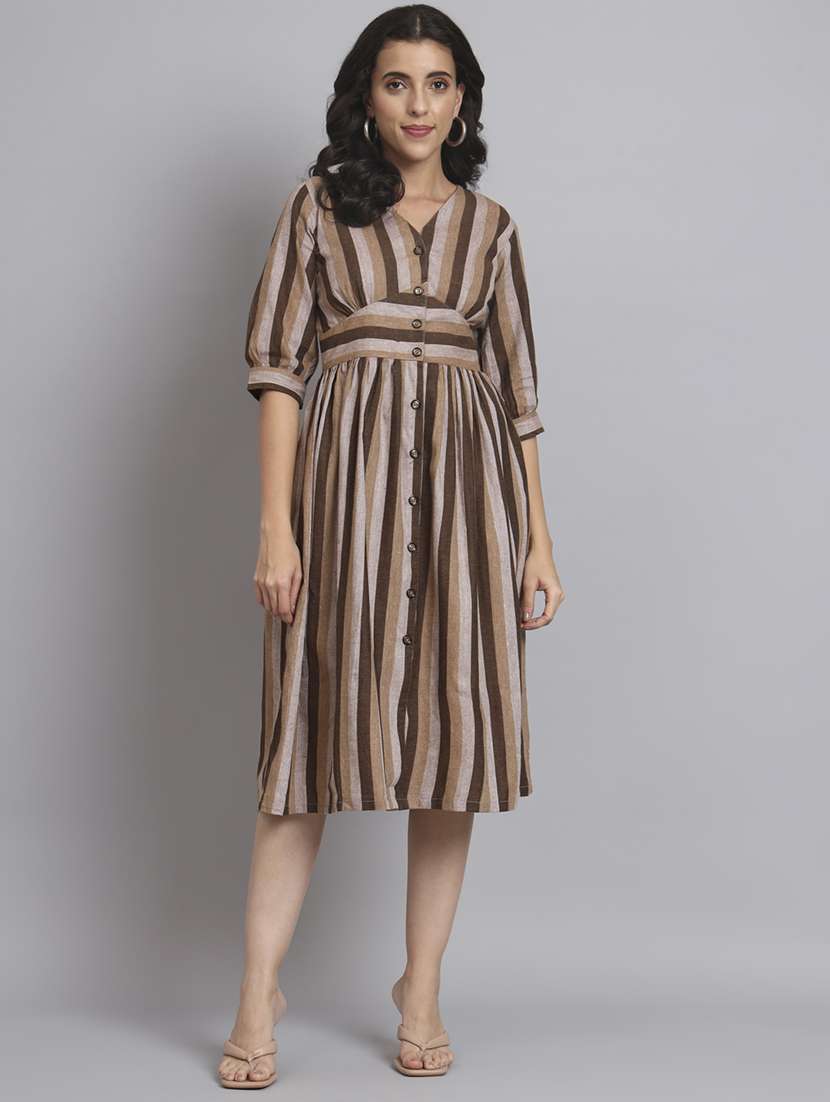 women striped three quarter sleeve a-line dress - 22226846 -  Standard Image - 1