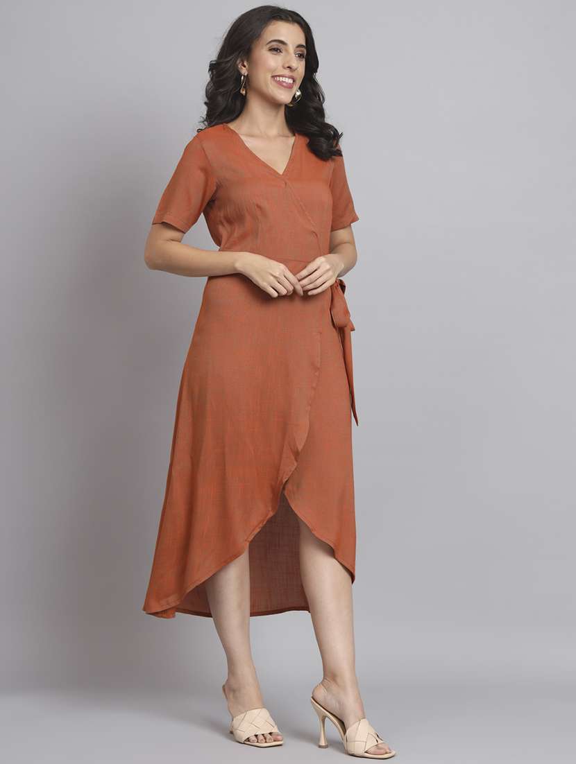 women solid short sleeve wrap dress - 22226848 -  Standard Image - 1