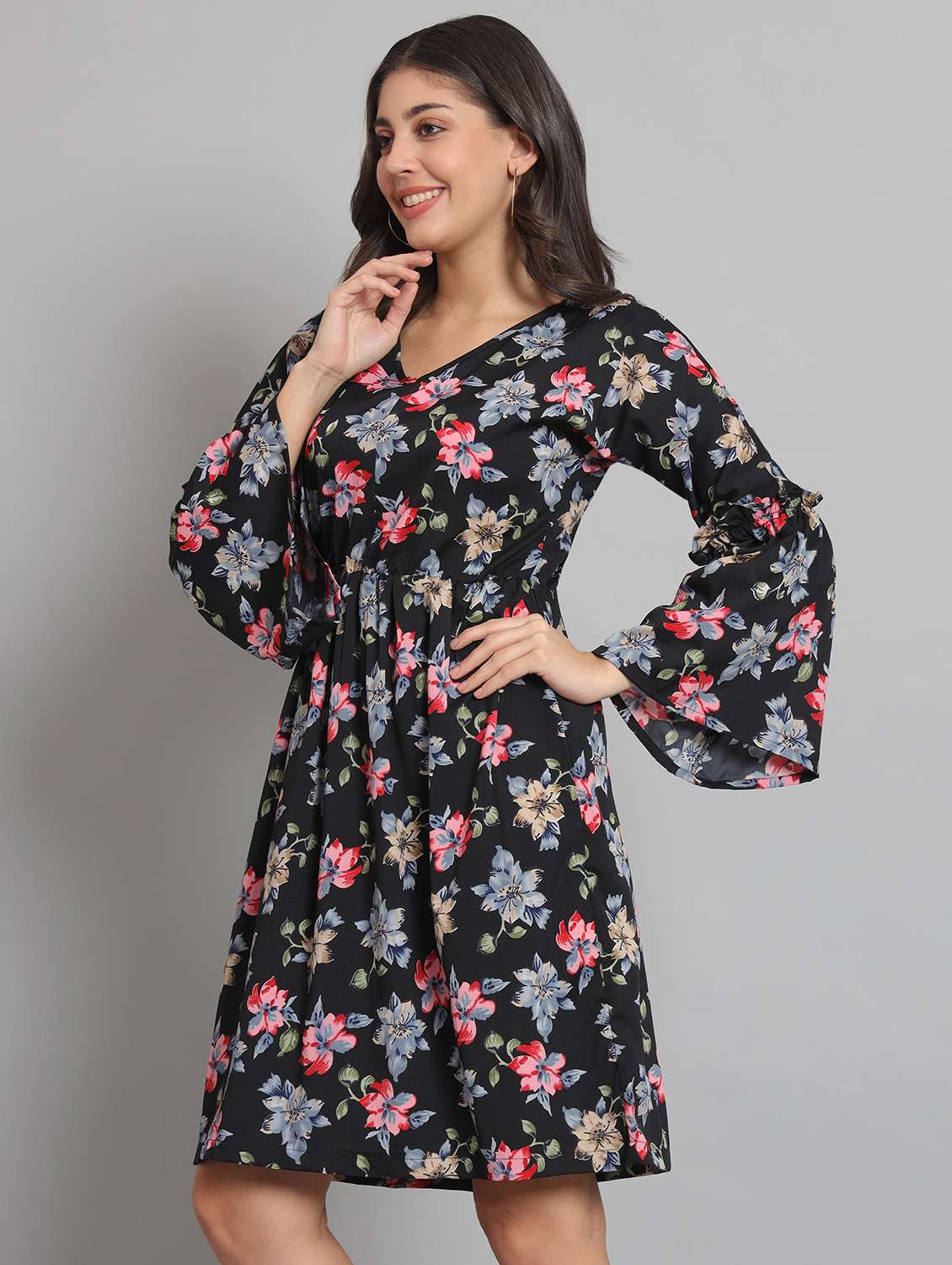 women floral printg bell sleeve fit & flare dress - 22226849 -  Standard Image - 1