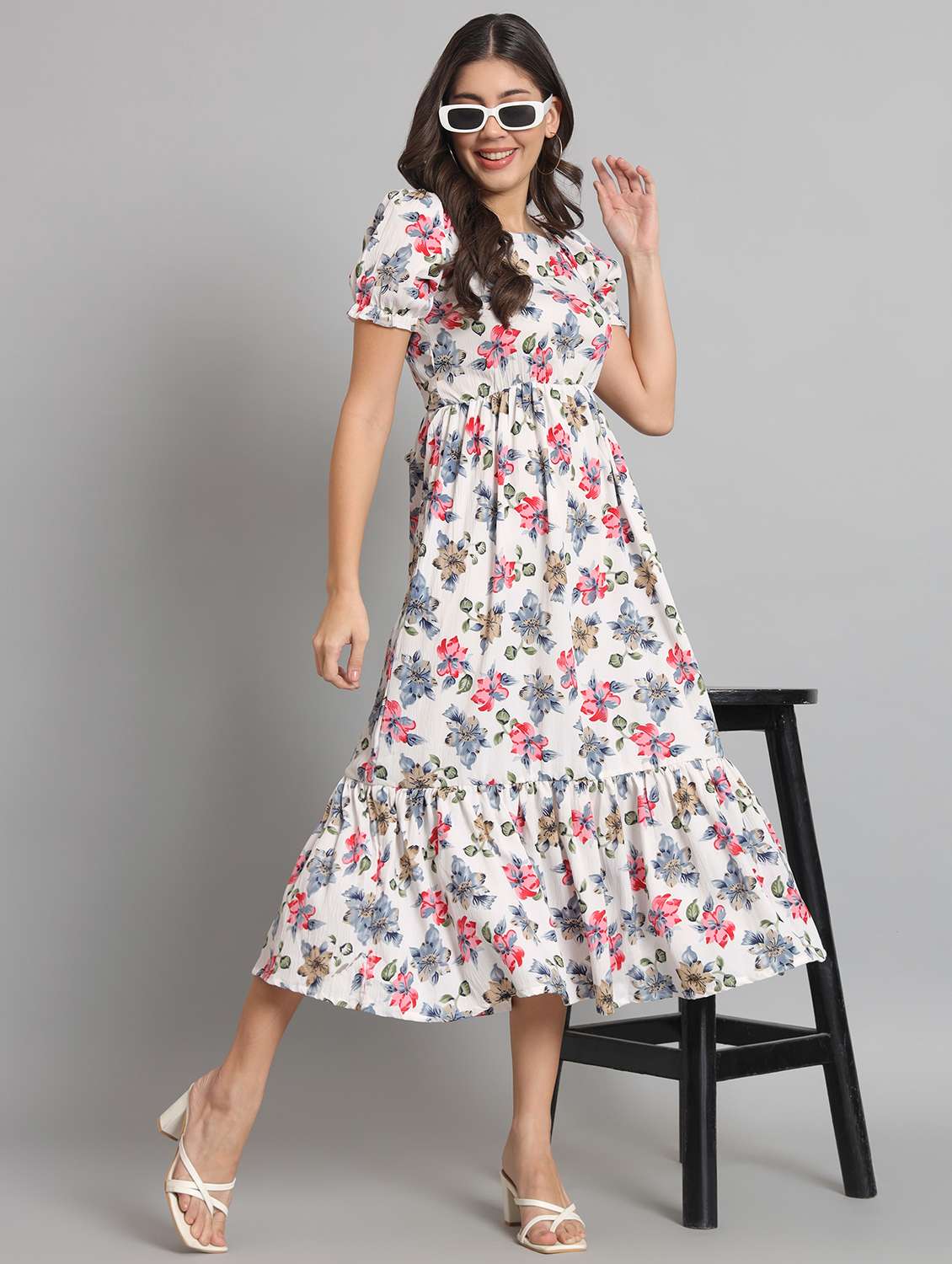 women floral print puff sleeve tiered dress