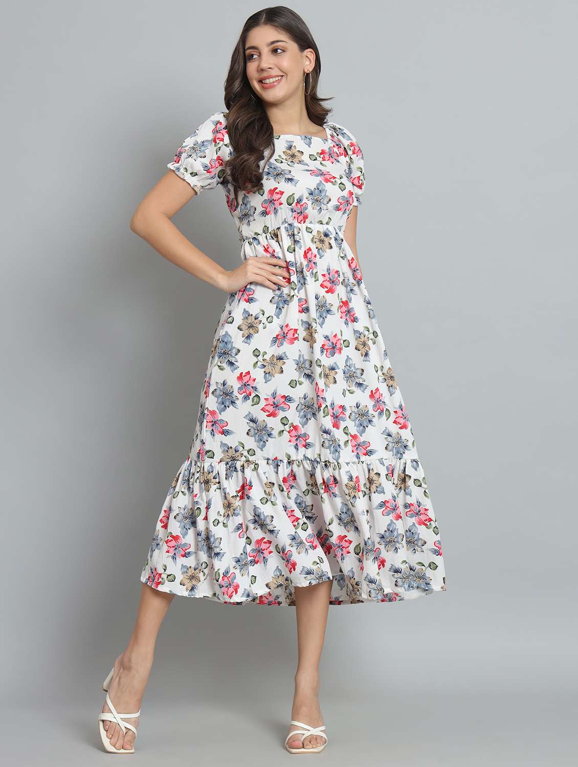 women floral print puff sleeve tiered dress - 22226850 -  Standard Image - 1