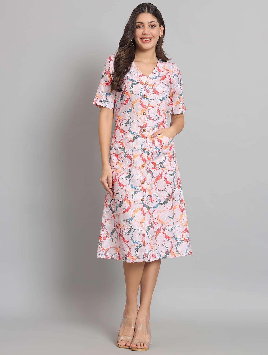 women printed short sleeve a-line dress - 22226852 -  Standard Image - 1