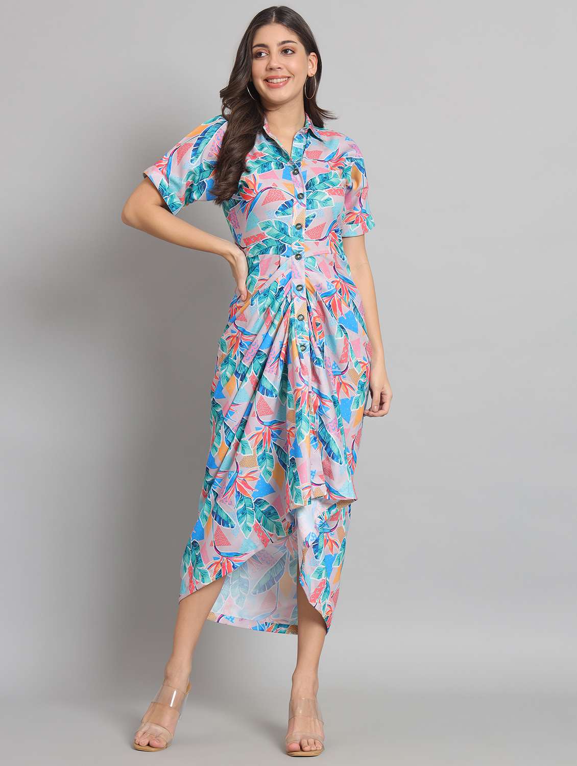 women prinred collared short sleeve asymmetric dress - 22226854 -  Standard Image - 1