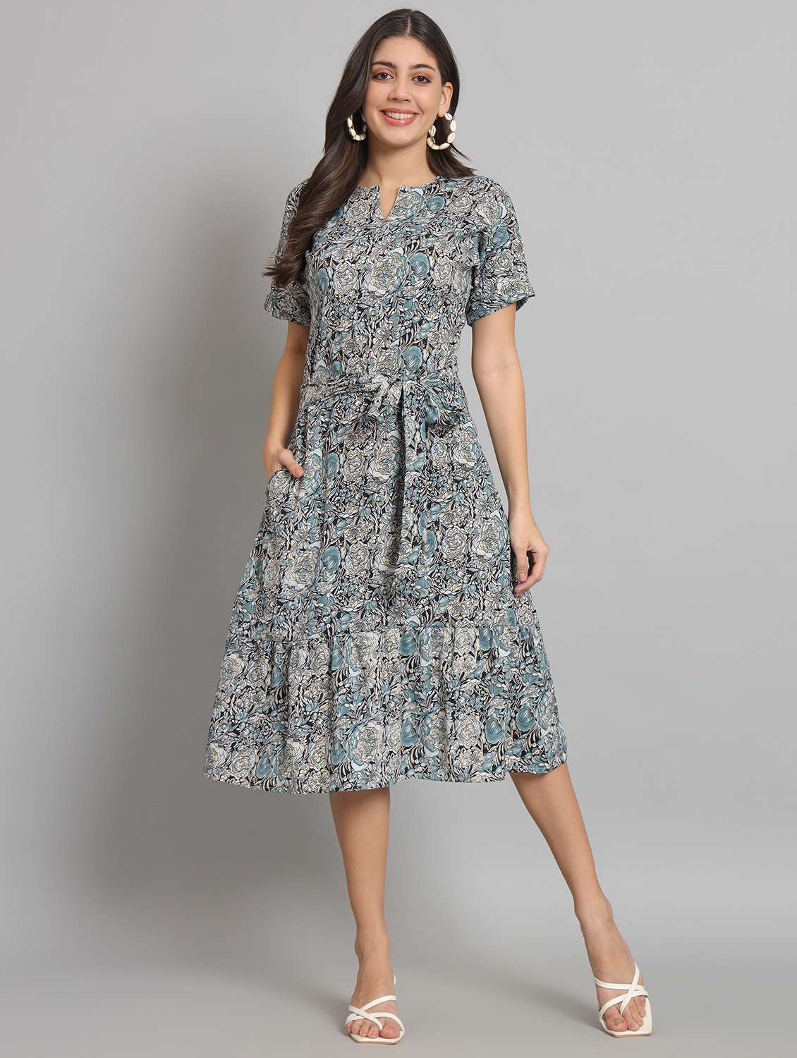 women printed short sleeve tiered dress - 22226858 -  Standard Image - 1
