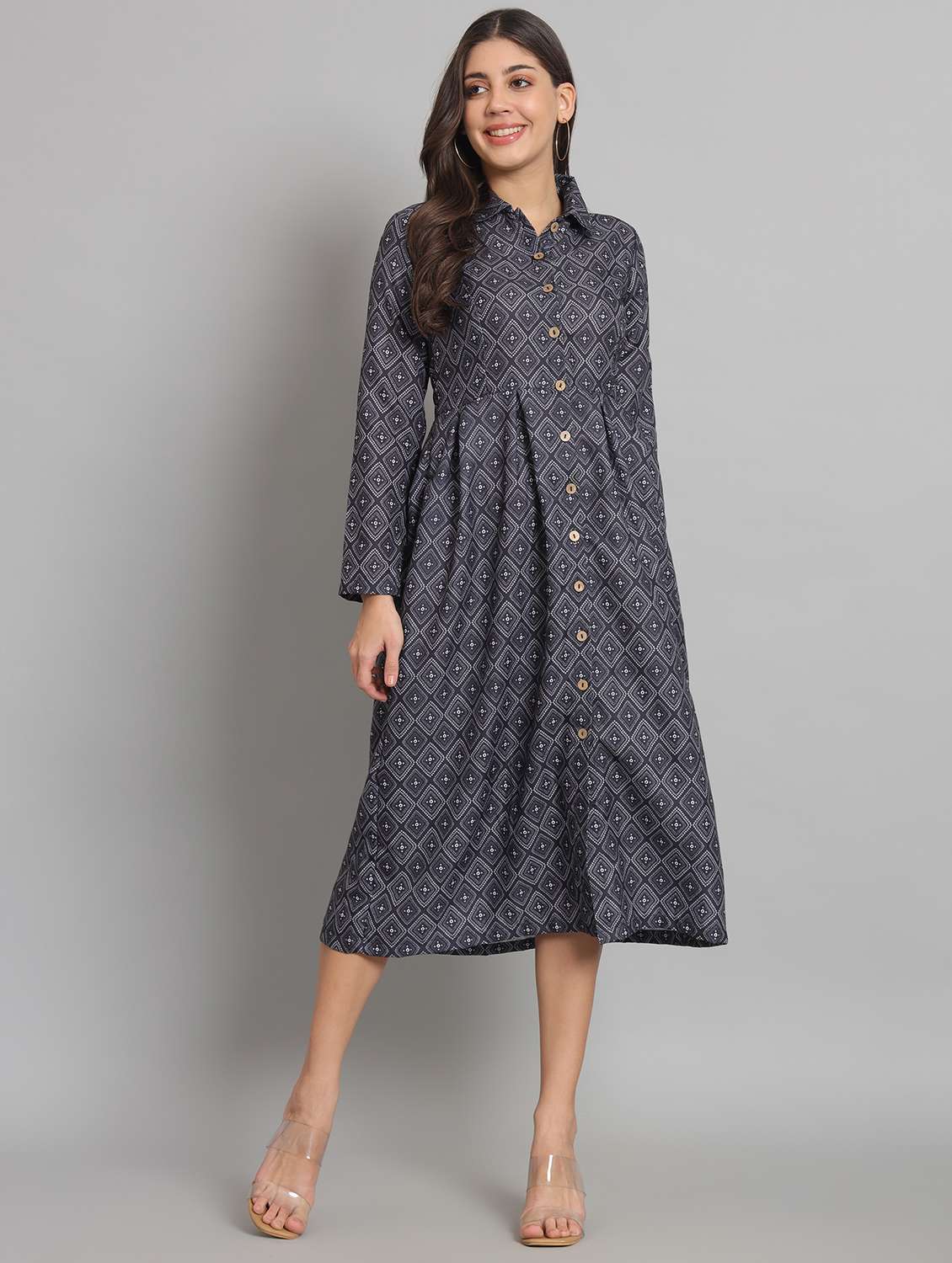 women printed collared long sleeve shirt dress - 22226860 -  Standard Image - 1