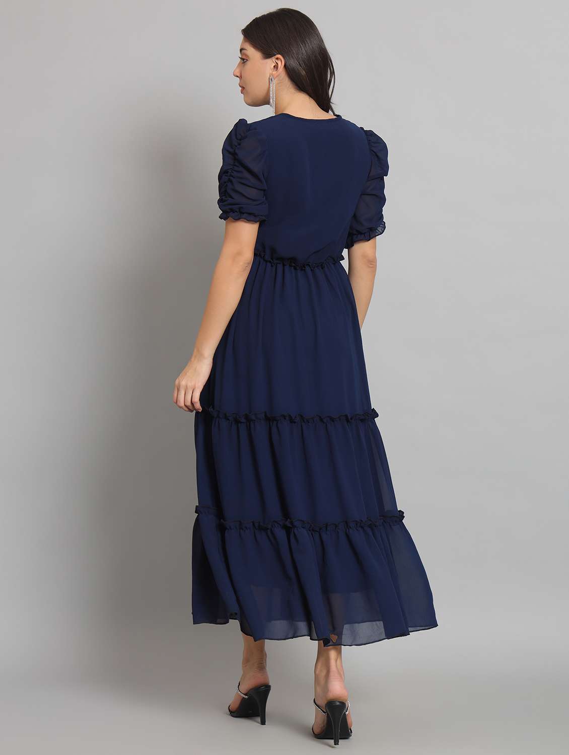 women solid puff sleeve tiered dress - 22226861 -  Standard Image - 4