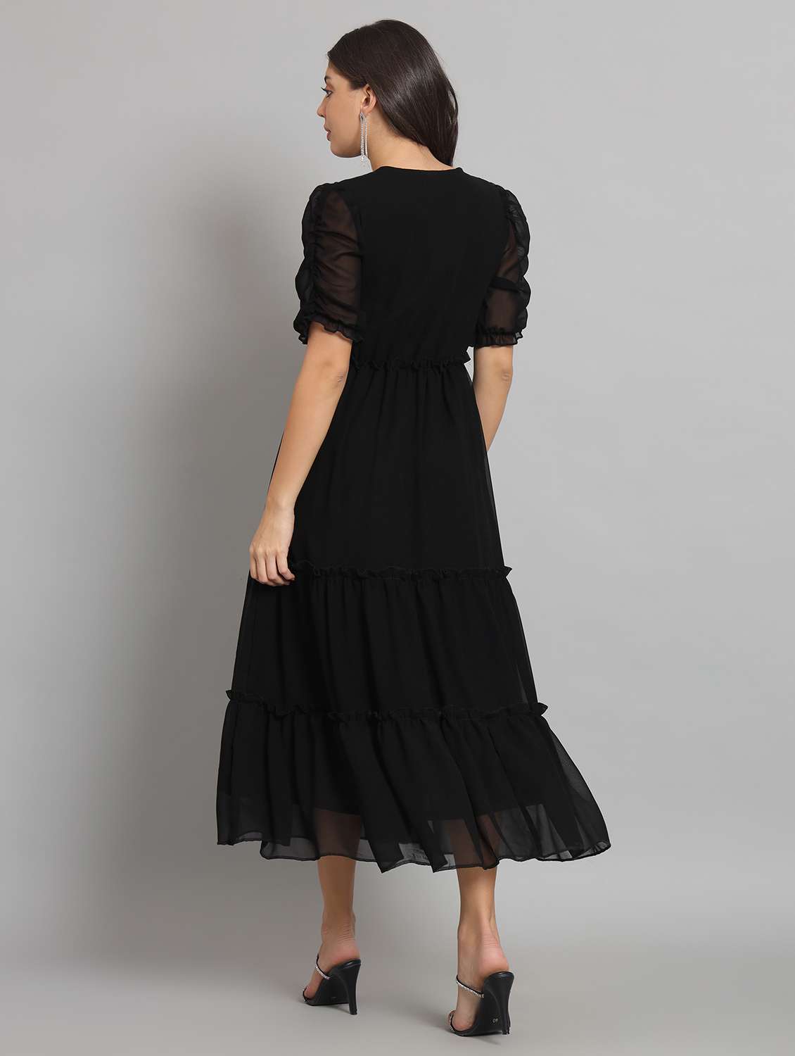women solid puff sleeve tiered dress - 22226862 -  Standard Image - 4