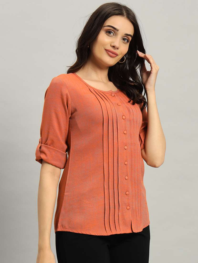 women solid rol up sleeve regular top - 22226865 -  Standard Image - 1