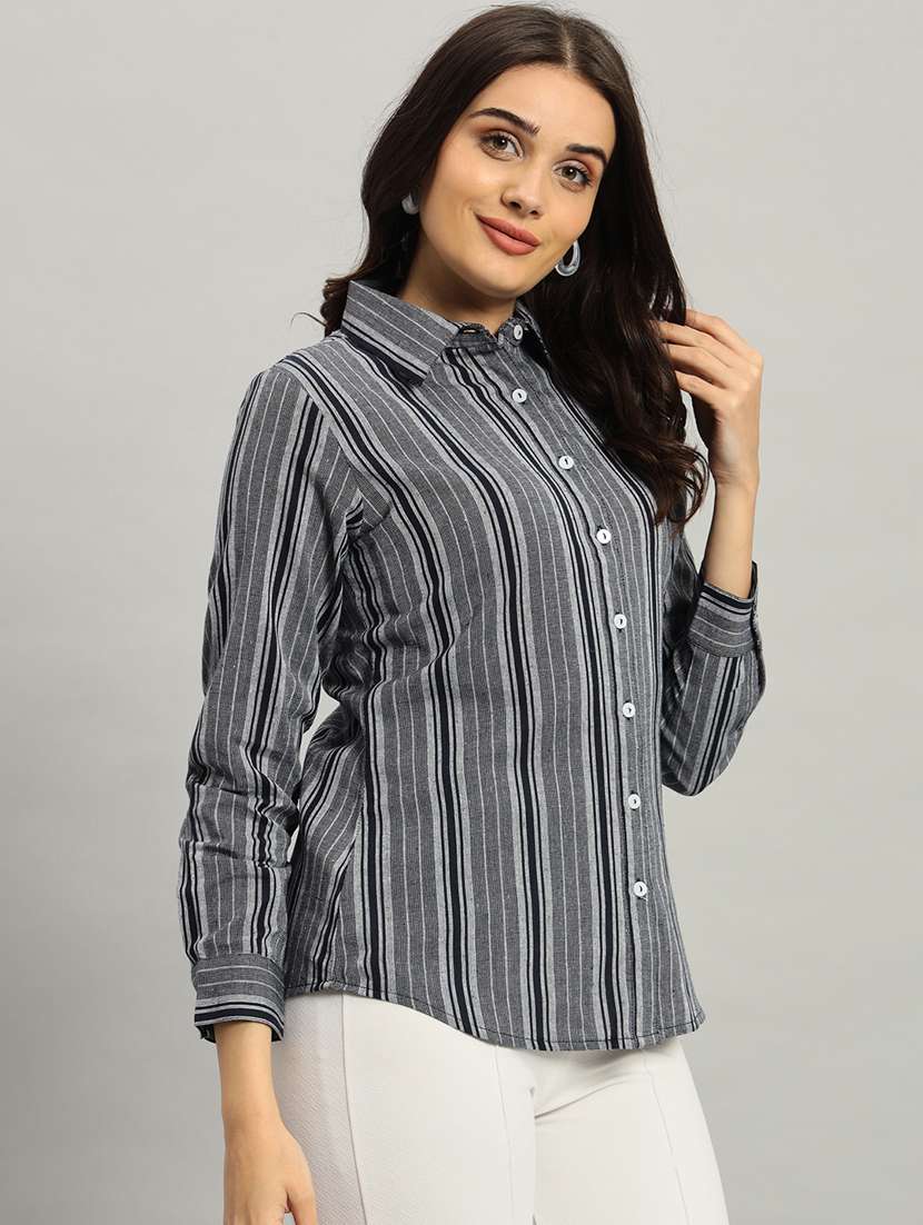 women striped collared long sleeve shirt - 22226870 -  Standard Image - 1