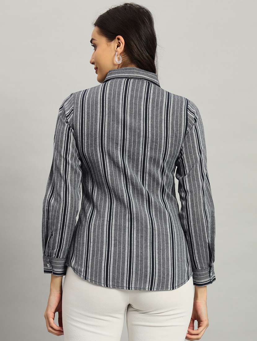 women striped collared long sleeve shirt - 22226870 -  Standard Image - 4