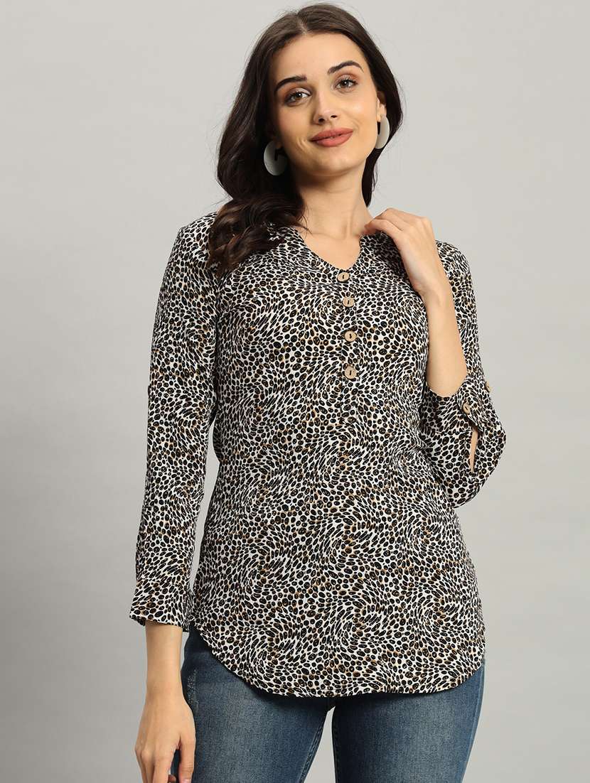 women animal print long sleeve a-line top