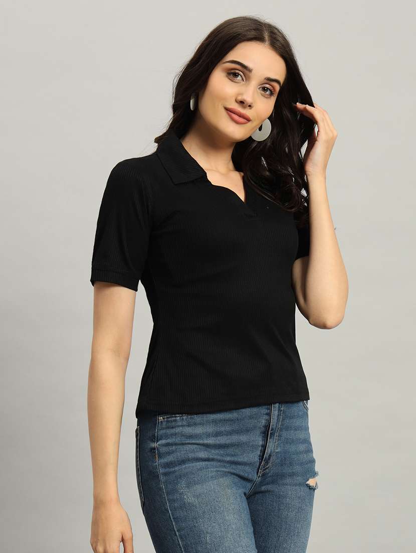 women solid short sleeve collared top - 22226873 -  Standard Image - 1