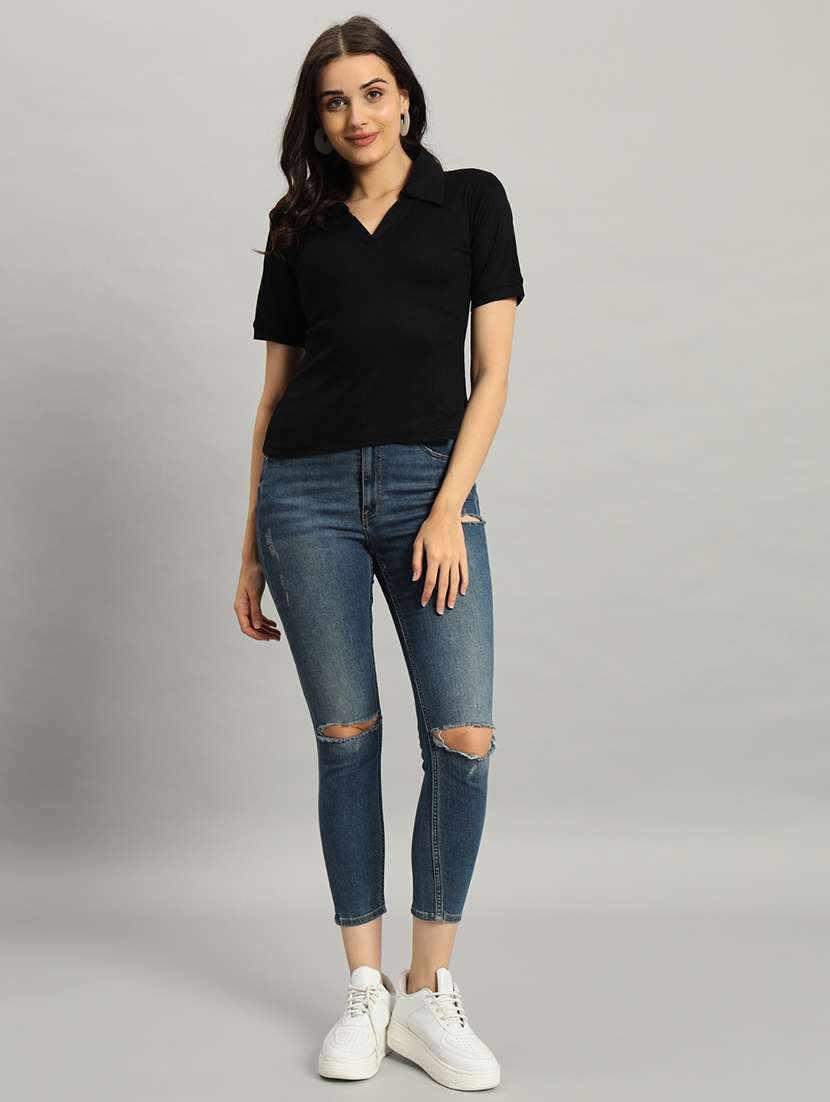 women solid short sleeve collared top - 22226873 -  Standard Image - 6