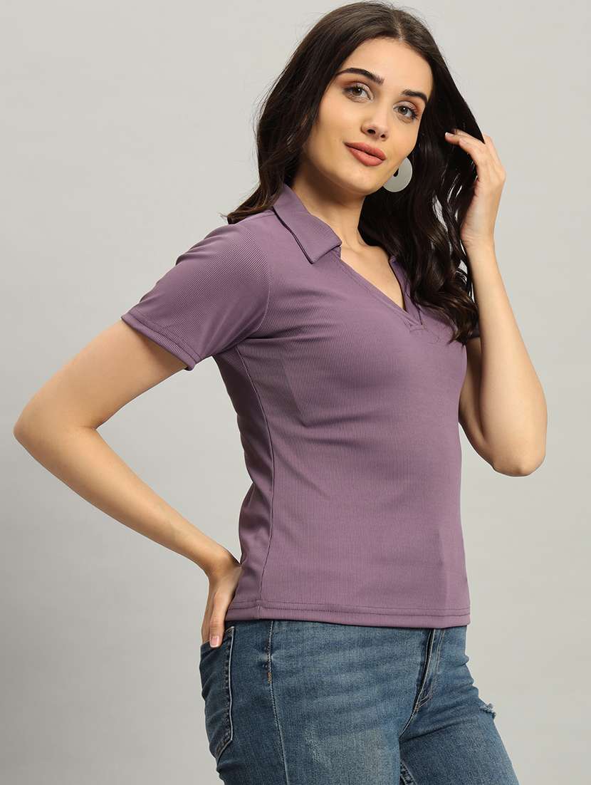 women solid short sleeve collared top - 22226874 -  Standard Image - 1