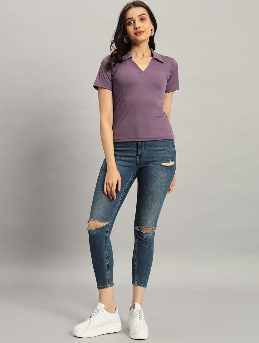 women solid short sleeve collared top - 22226874 -  Standard Image - 6