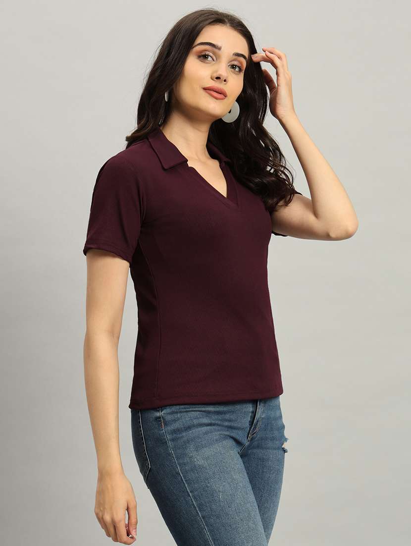women solid short sleeve collared top - 22226875 -  Standard Image - 1