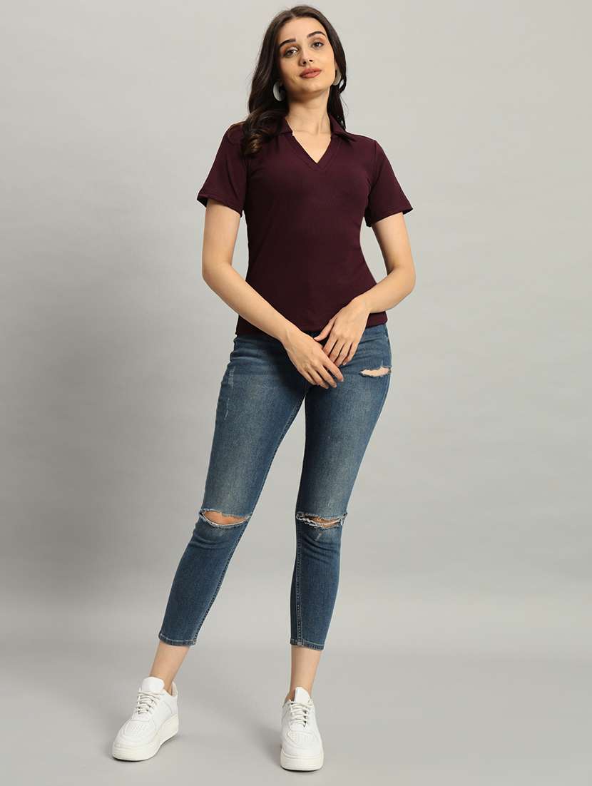 women solid short sleeve collared top - 22226875 -  Standard Image - 6