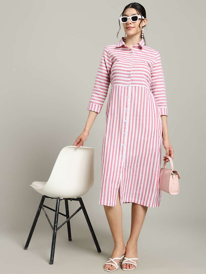 women striped collared three quarter sleeve shirt dress