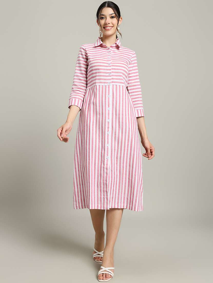 women striped collared three quarter sleeve shirt dress - 22227076 -  Standard Image - 1