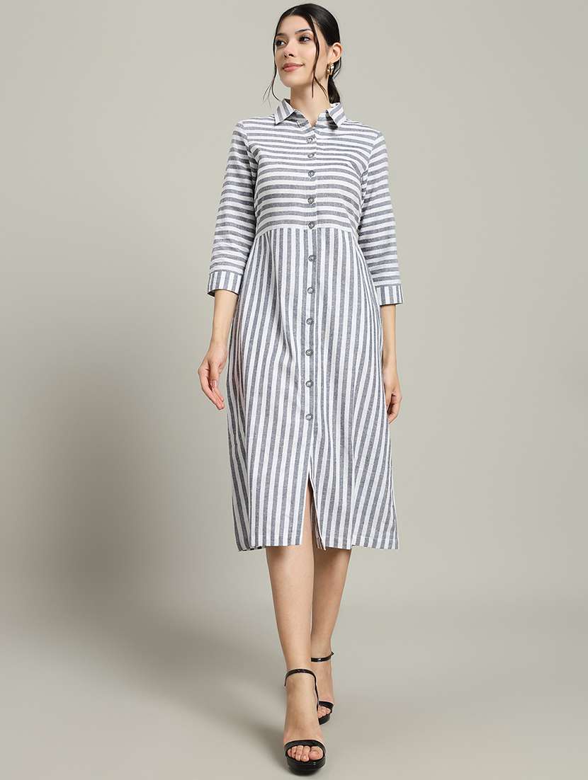 women striped collared three quarter sleeve shirt dress - 22227077 -  Standard Image - 1