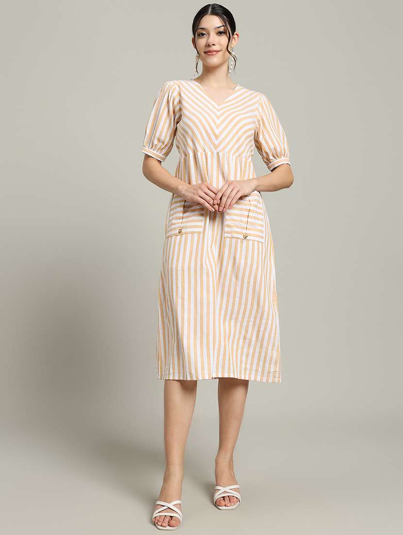 women striped puff sleeve a-line dress - 22227080 -  Standard Image - 1