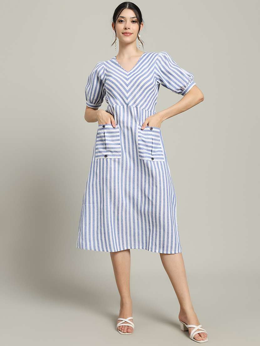 women striped puff sleeve a-line dress - 22227081 -  Standard Image - 1
