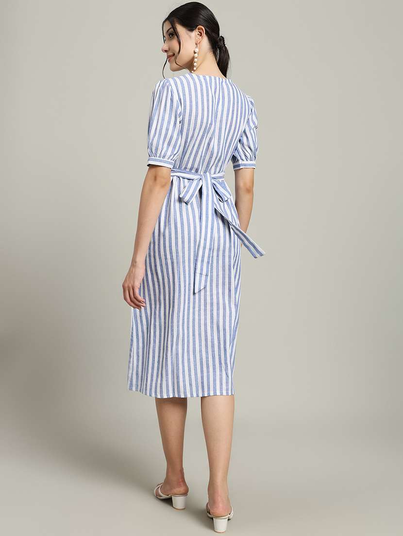 women striped puff sleeve a-line dress - 22227081 -  Standard Image - 4