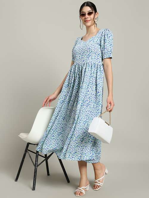 women printed puff sleeve fit & flare dress - 22227083 -  Standard Image - 0