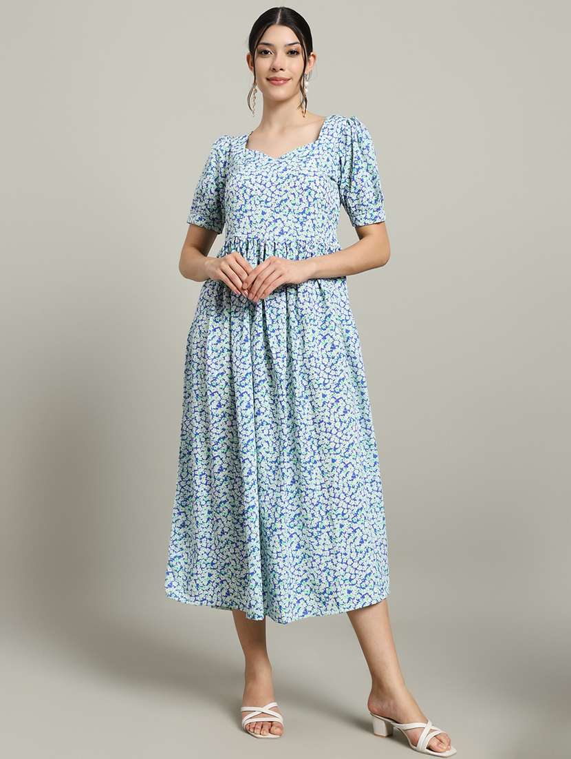 women printed puff sleeve fit & flare dress - 22227083 -  Standard Image - 1