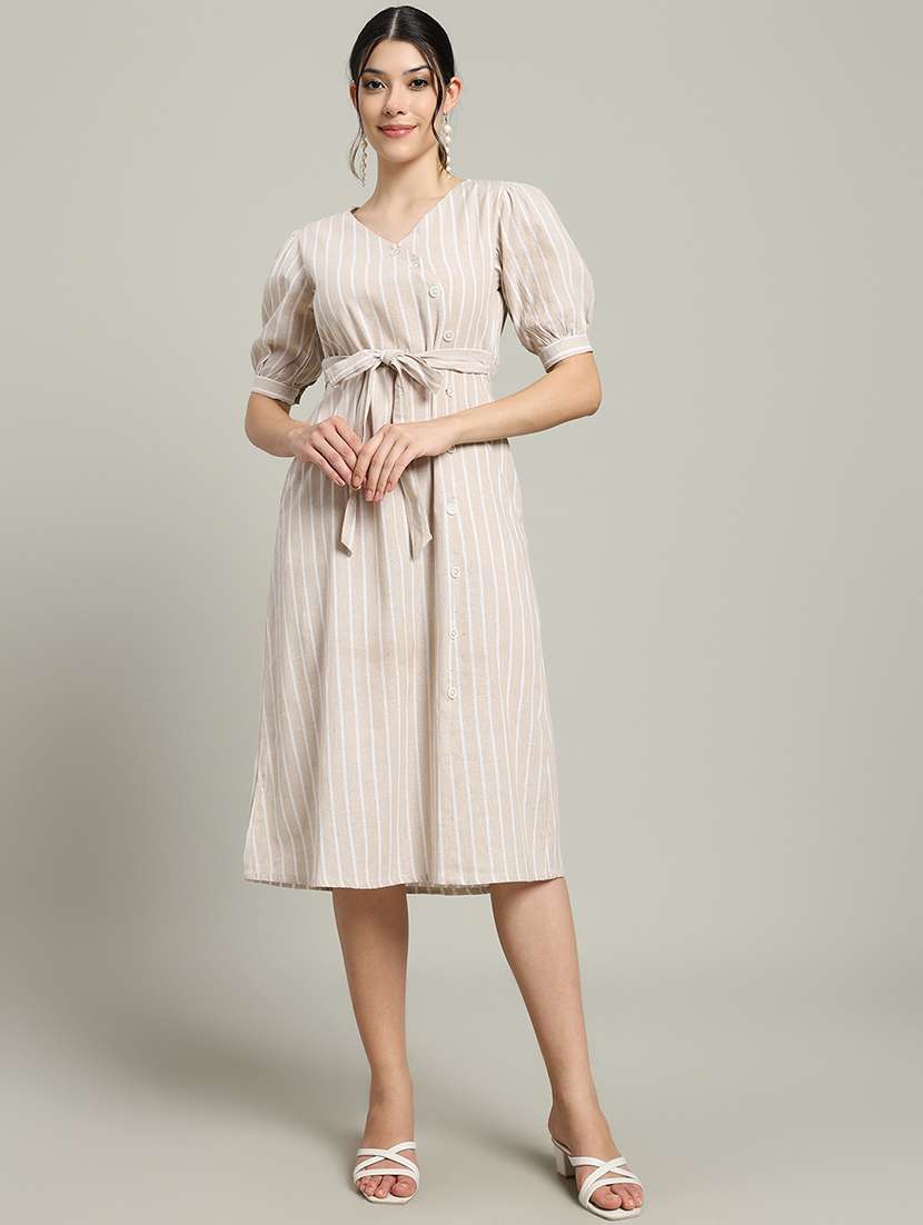 women striped puff sleeve a-line dress
