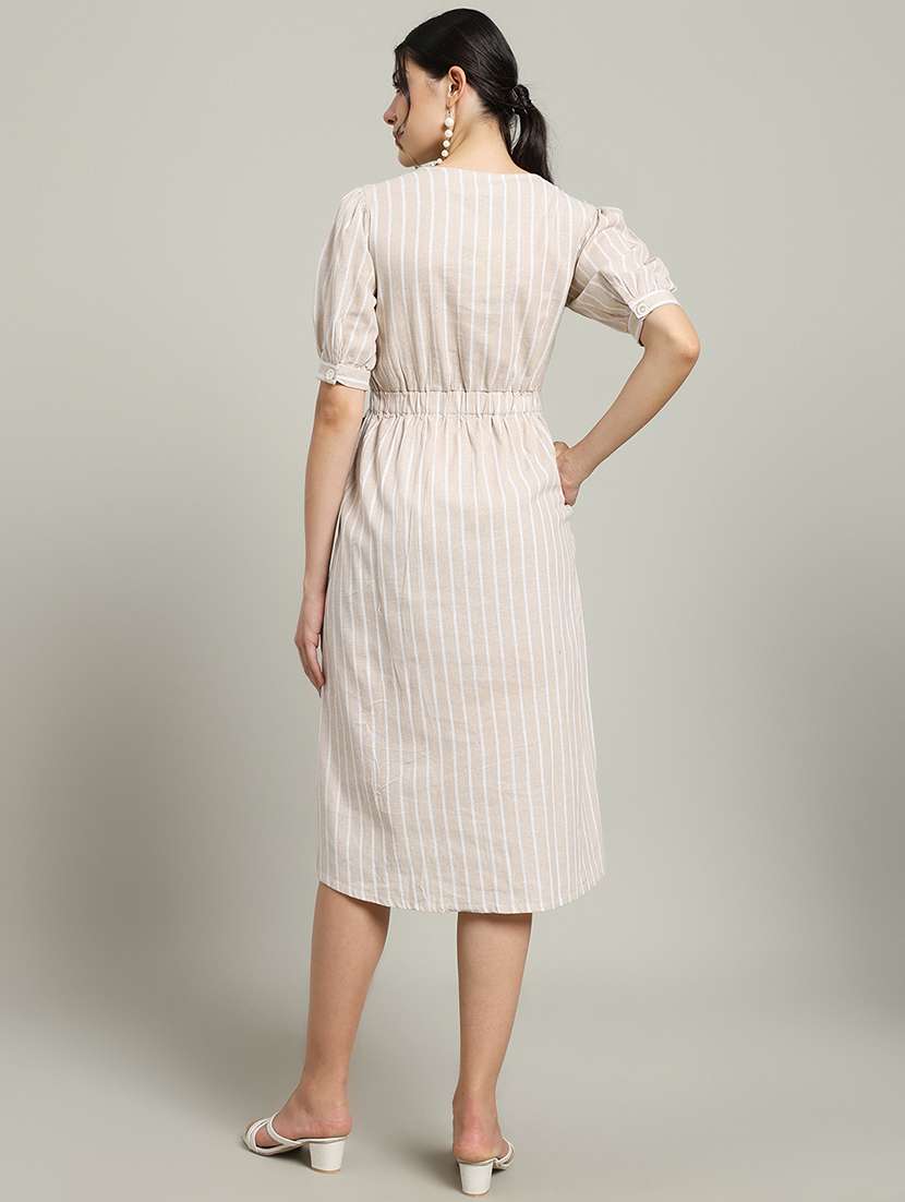 women striped puff sleeve a-line dress - 22227087 -  Standard Image - 4