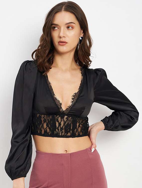 women solid puff sleeve lace detailed crop top - 22227095 -  Standard Image - 1