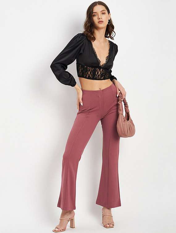 women solid puff sleeve lace detailed crop top - 22227095 -  Standard Image - 4