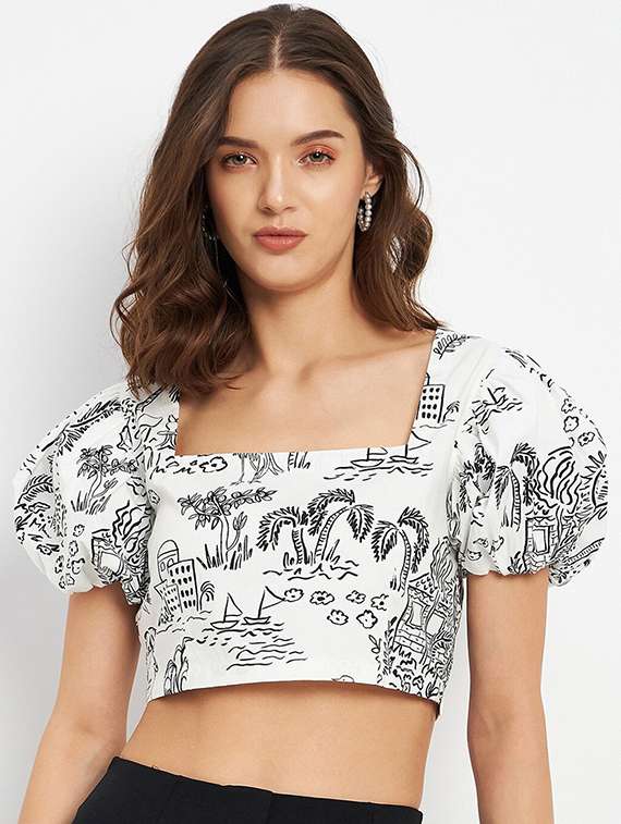 women printed puff sleeve crop top - 22227096 -  Standard Image - 1