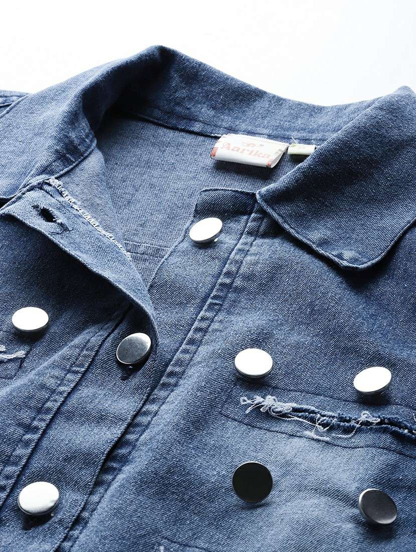 women solid collared long sleeve denim jacket - 22227134 -  Standard Image - 4