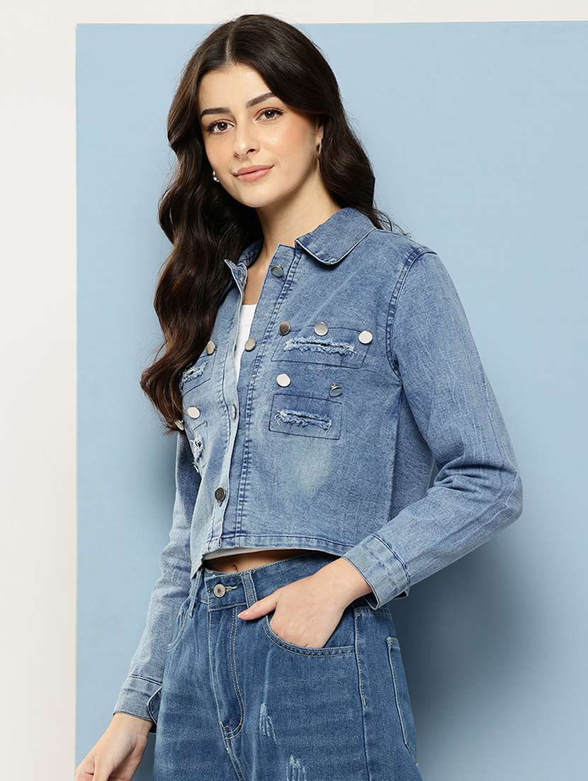 women solid collared long sleeve denim jacket - 22227135 -  Standard Image - 1