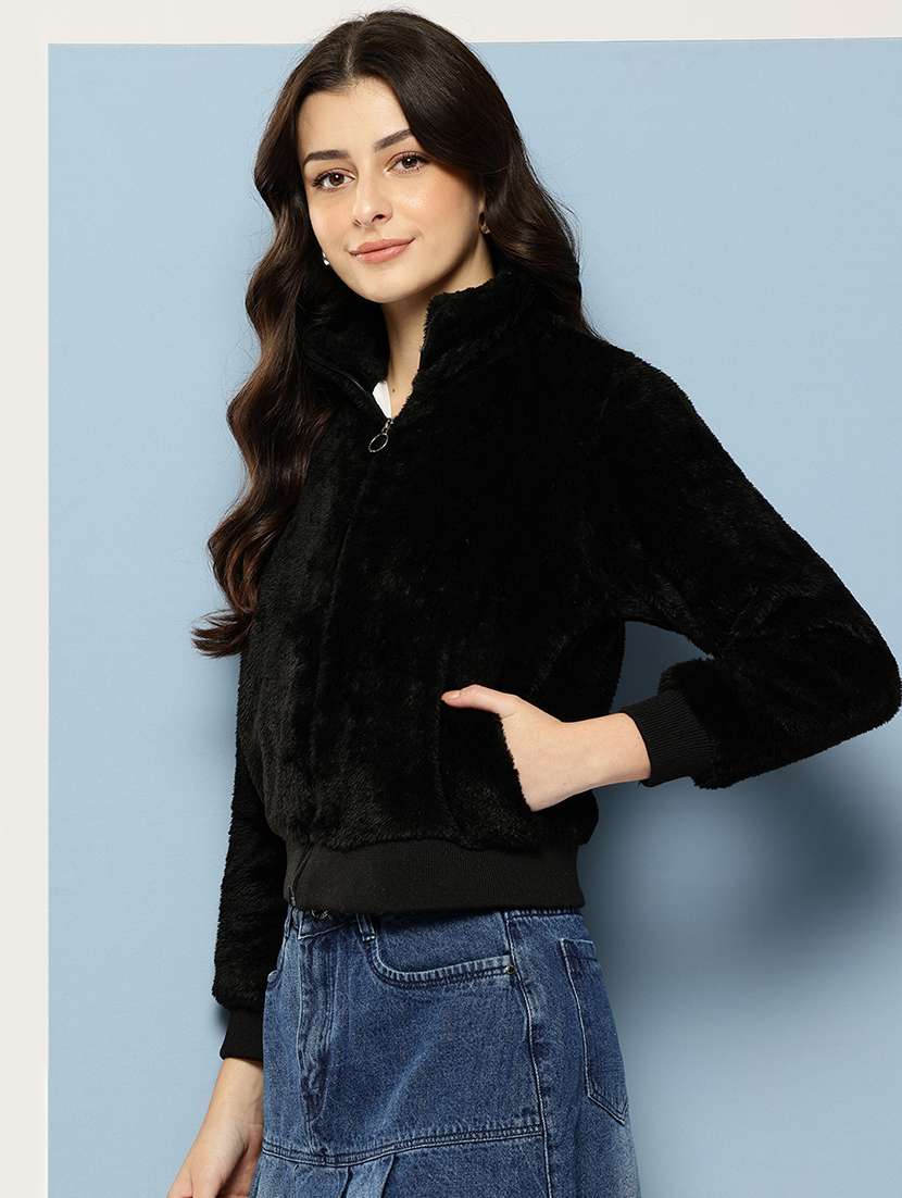 women solid stand collar long sleeve fur jacket  - 22227136 -  Standard Image - 1