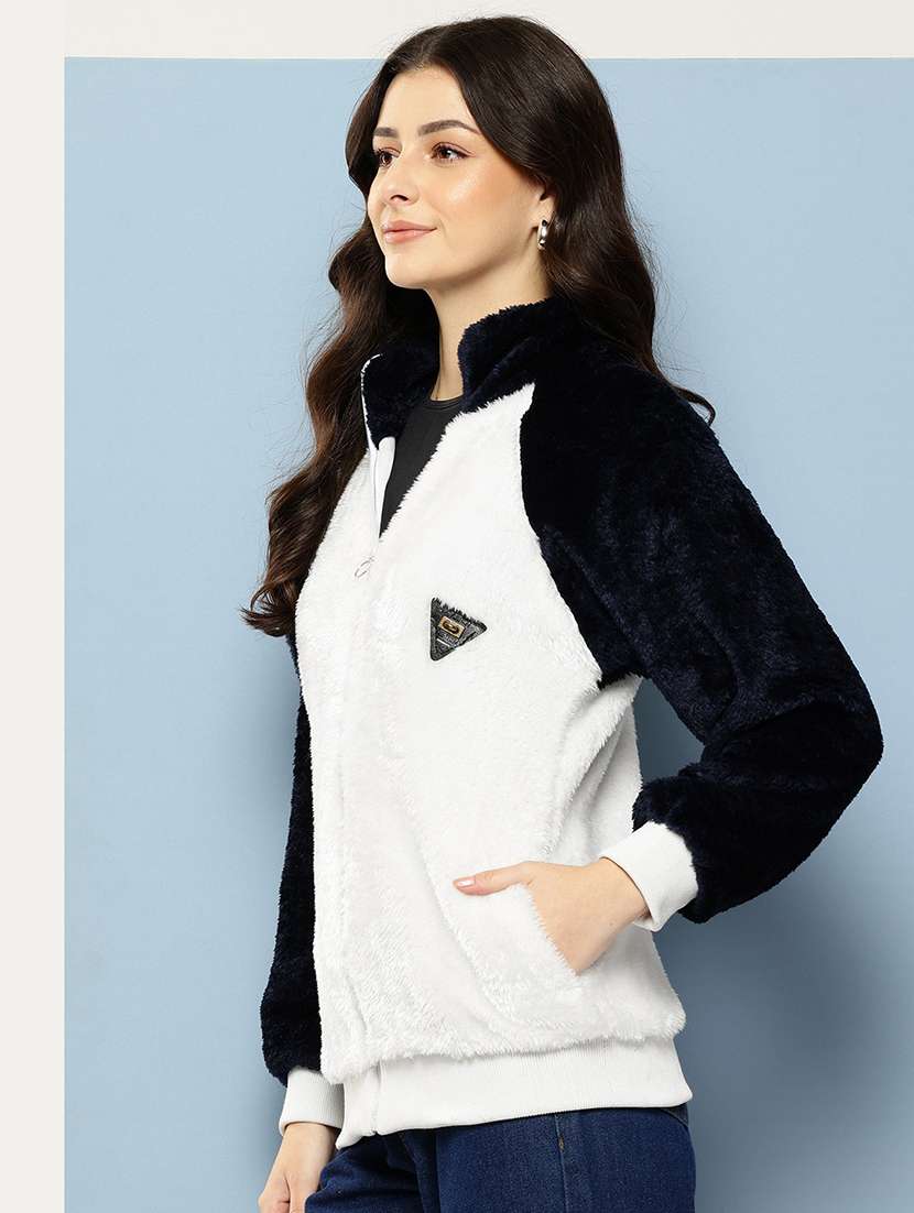 women color blocked stand collar long sleeve fur jacket - 22227137 -  Standard Image - 1