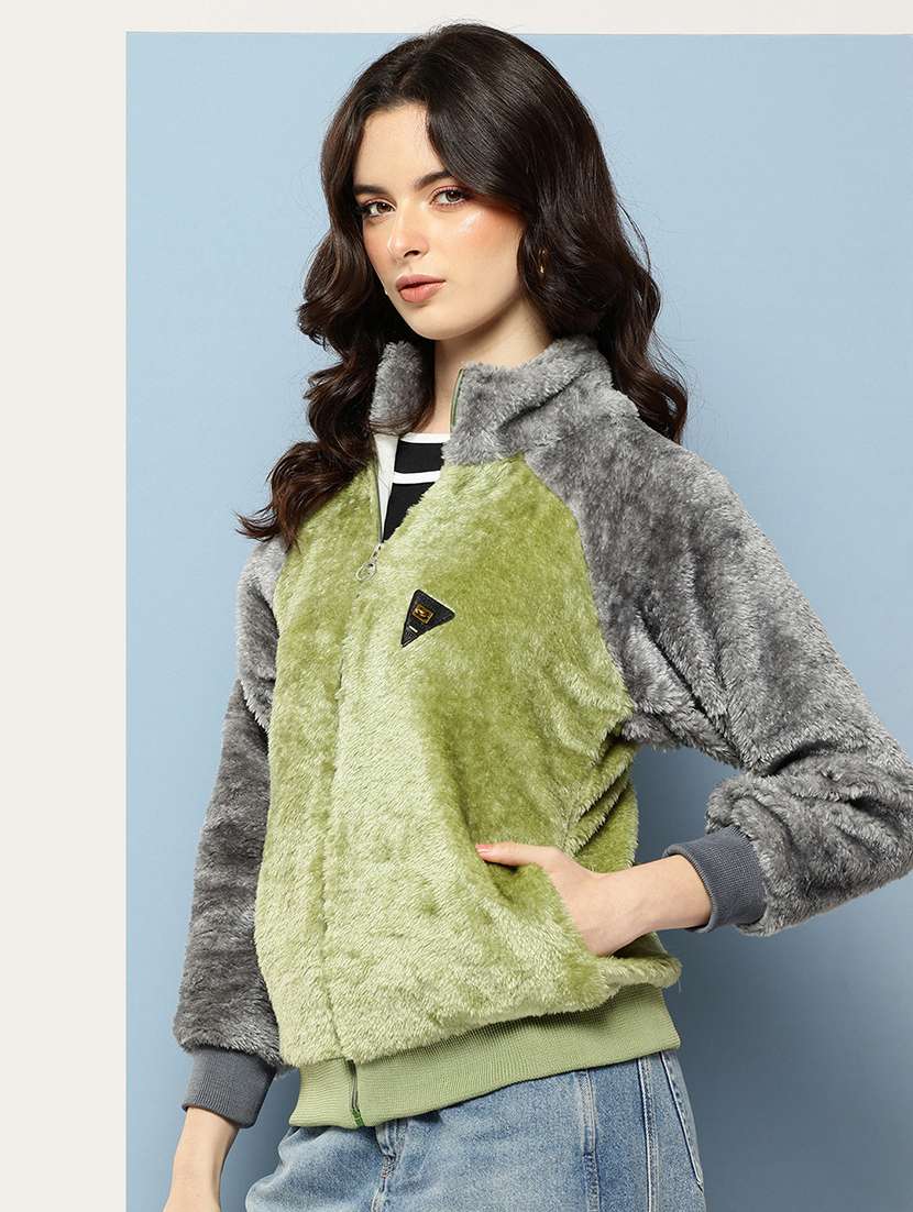 women color blocked long sleeve fur jacket - 22227138 -  Standard Image - 1