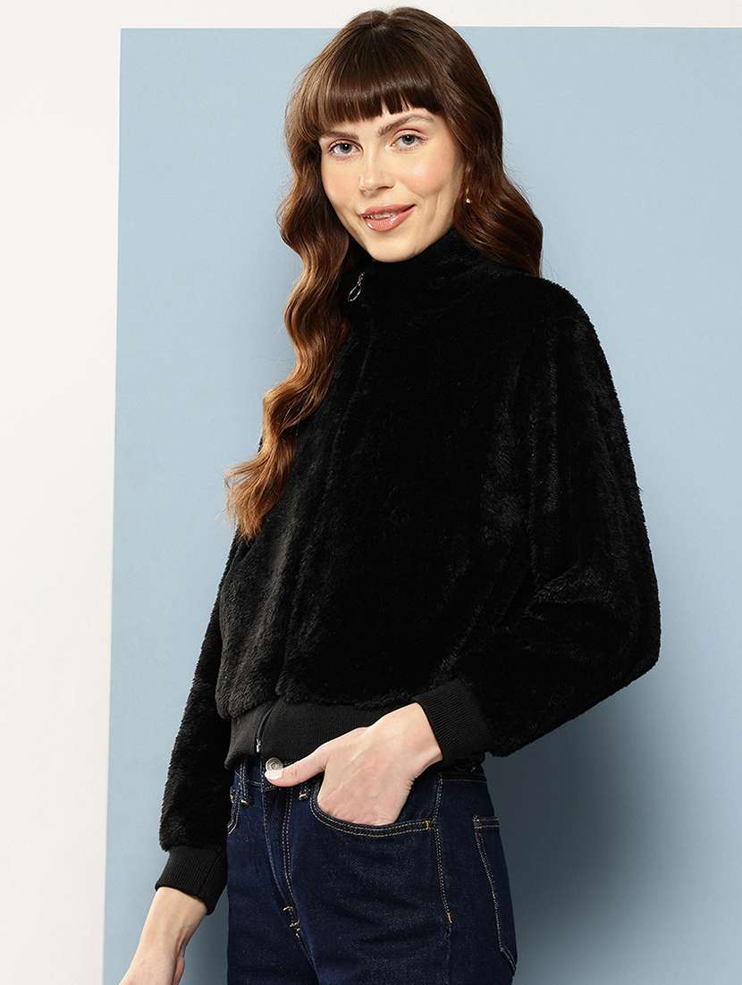 women solid stand collar long sleeve faux fur jacket - 22227139 -  Standard Image - 1