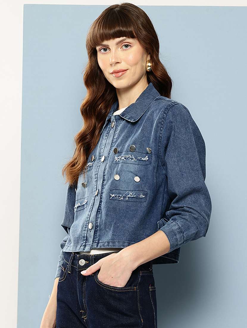 women solid collared long sleeve denim jacket - 22227141 -  Standard Image - 1