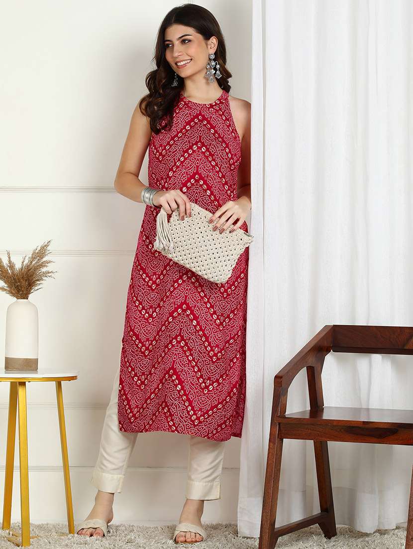 women bandhani printed sleeveless stright kurta - 22227434 -  Standard Image - 1