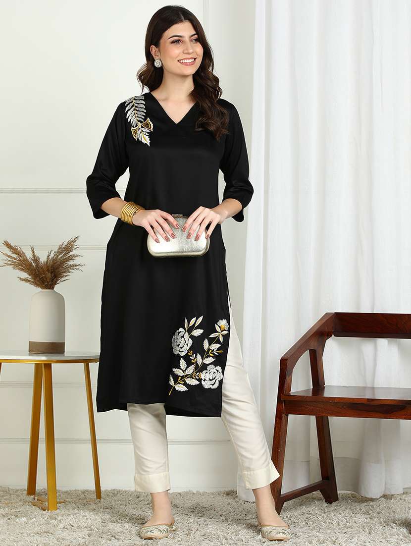 women solid with work three quarter sleeve straight kurta - 22227436 -  Standard Image - 1